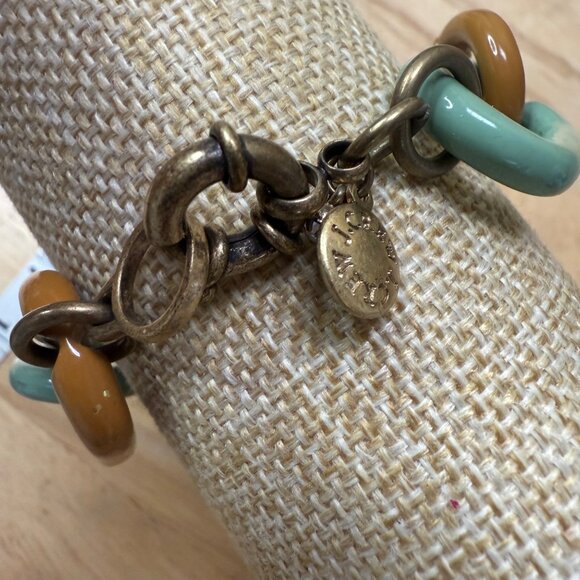 J Crew Chunky Chain Link Bracelet W/ Rhinestone Accents Green & Brown Enamel Gol - Picture 7 of 10